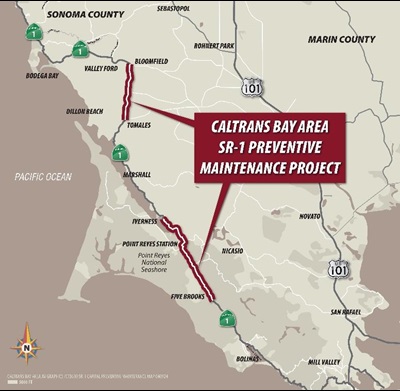 Map location of State Route 1 Capital Maintenance Project in Marin County
