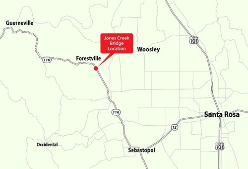 Map location of three day closure of Route 116 to strengthen the Jones Creek Bridge