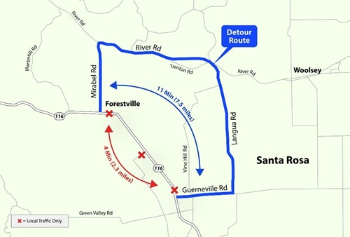 Map of detour route for the three day closure of Route 116 to strengthen the Jones Creek Bridge