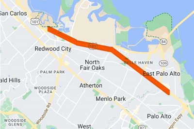 Map location of 55 hour single lane closures for barrier work on US 101