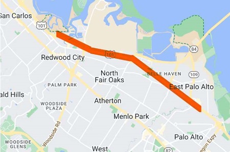 55-hour lane closures and road closures on US 101 San Mateo/Santa Clara County Line to Whipple Ave.