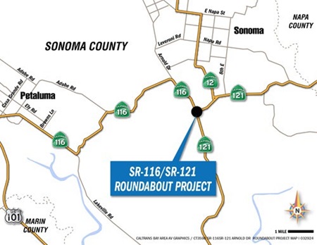 Map of roundabout project at  intersection of State Route 116/121 in Lakeville, Sonoma County.