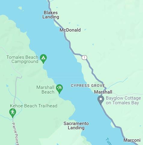 Map showing State Route 1 as it passes through the town of Marshall near Tomales Bay in Marin County.