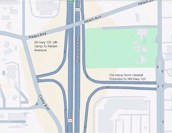 Map location of ramp and lane closures on highway 101 in Santa Rosa for the Hearn Avenue Overpass Replacement Project