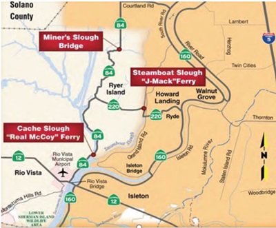 Map of Caltrans operated ferries in the Delta