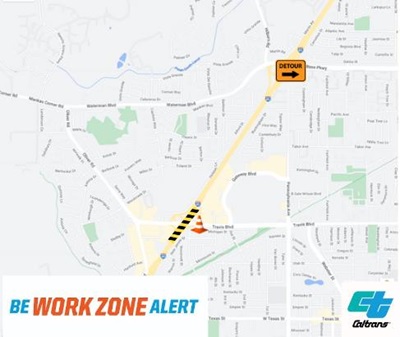 Map of detour for Travis Blvd westbound on-ramp (exit) closure for concrete slab repair work on westbound I-80 in Fairfield.