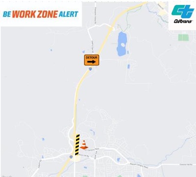 Map of detour for Manual Campos Pkwy westbound on-ramp (freeway entrance) closure for concrete slab repair work on westbound I-80 in Fairfield.