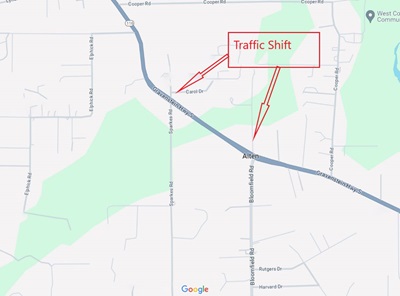 Map location of Caltrans shifting traffic on State Route 116 between Bloomfield Road and Sparkers Road south of Sebastopol zoomed in