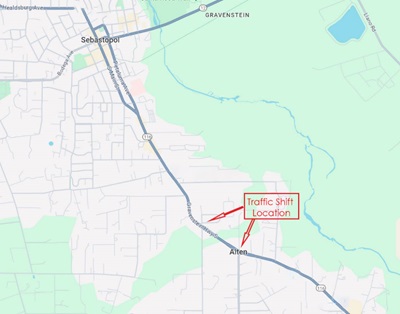 Map location of Caltrans shifting traffic on State Route 116 between Bloomfield Road and Sparkers Road south of Sebastopol