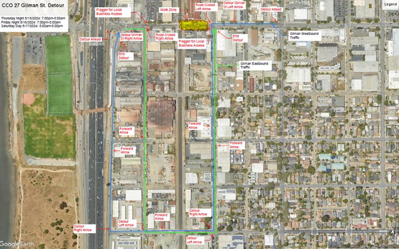 Map showing location of temporary closures of Gilman Street between 2nd Street and 4th Street near the Interstate 80 Gilman interchange. Drivers traveling west on Gilman Street should turn left onto Fourth Street, drive south on Fourth Street, turn right on Cedar Street, right at Eastshore Highway, then back onto Gilman. Drivers going east on Gilman should turn right onto 2nd Street and travel south to Cedar Street, then make a left onto Cedar Street and then turn right back onto Gilman.