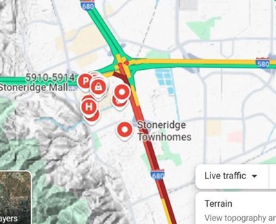 Map location of where all lanes of northbound Interstate 680 have re-opened at the connector to eastbound Interstate 580.
