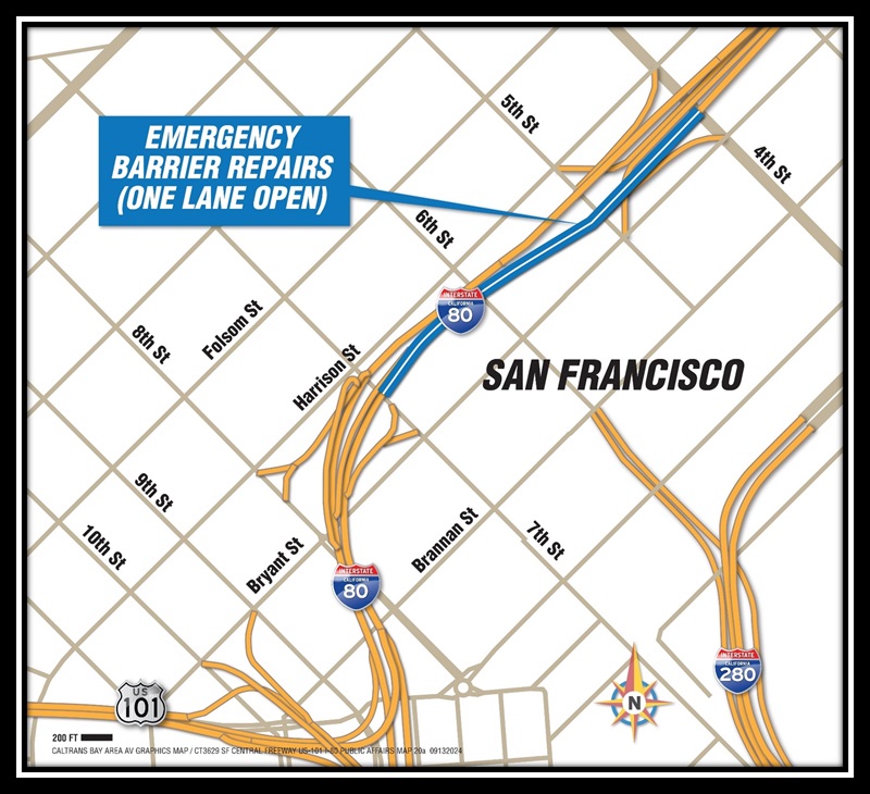 Map of where emergency barrier repairs will take place as part of the San Francisco Freeway & Road Rehabilitation Project.