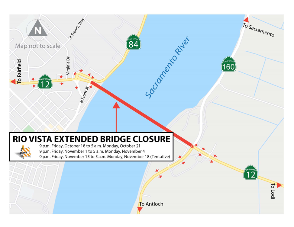 Map location for Rio Vista Bridge Scheduled for Multiple 55-Hour Closures.