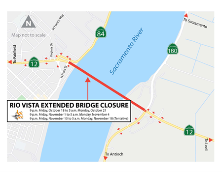 Map location for Rio Vista Bridge Scheduled for Multiple 55-Hour Closures.