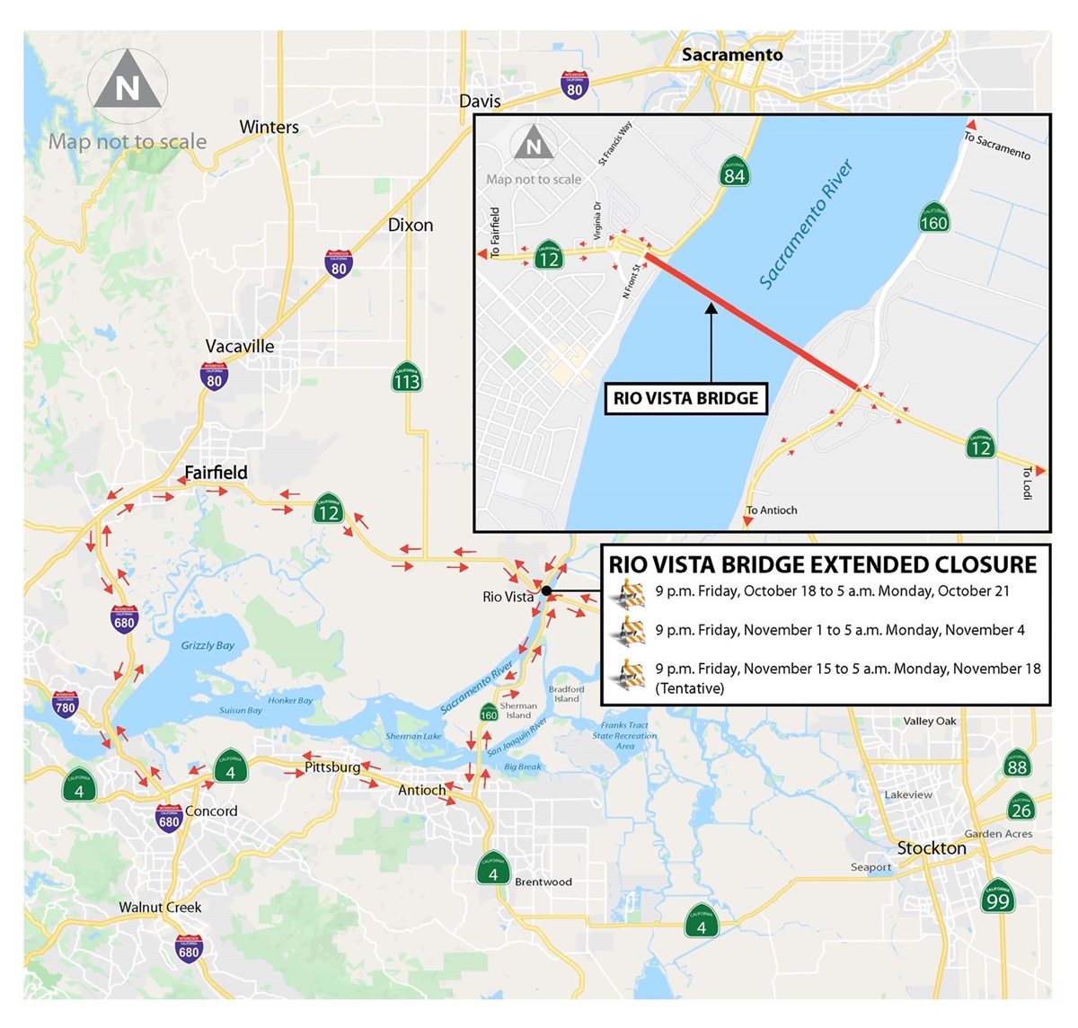 Detour map for Rio Vista Bridge Scheduled for Multiple 55-Hour Closures. Drivers are recommended to use State Route 12, I-80, I-680, State Route 4, and State Route 160 to detour around the closure.