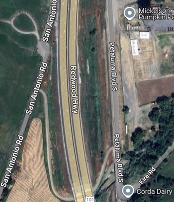 Map of where night work lane closures for ramp work on Northbound US-101 for Marin-Sonoma Narrows B-7 Project in Marin County.
