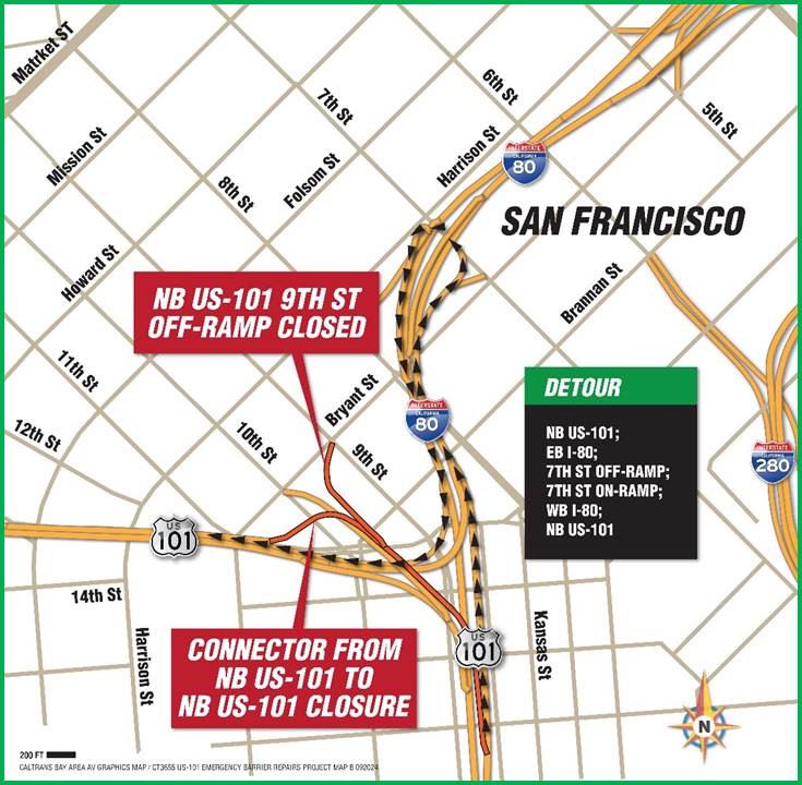 Map showing detour route in San Francisco during the emergency barrier repair project. Motorists traveling northbound US-101 from San Jose should take eastbound I-80 to 7th St. offramp; turn left of 7th St. and travel under the freeway; then turn left on the 7th St. onramp.