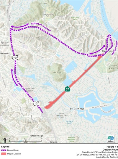 Map of Detour for Nighttime closure of State Route 37 at Novato Creek Bridge for Drilling Work