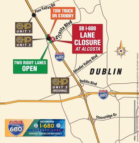 Map location of partial lane closures of Southbound Interstate 680 between Alcosta Boulevard in San Ramon and I-580/I-680 Connector in Pleasanton.