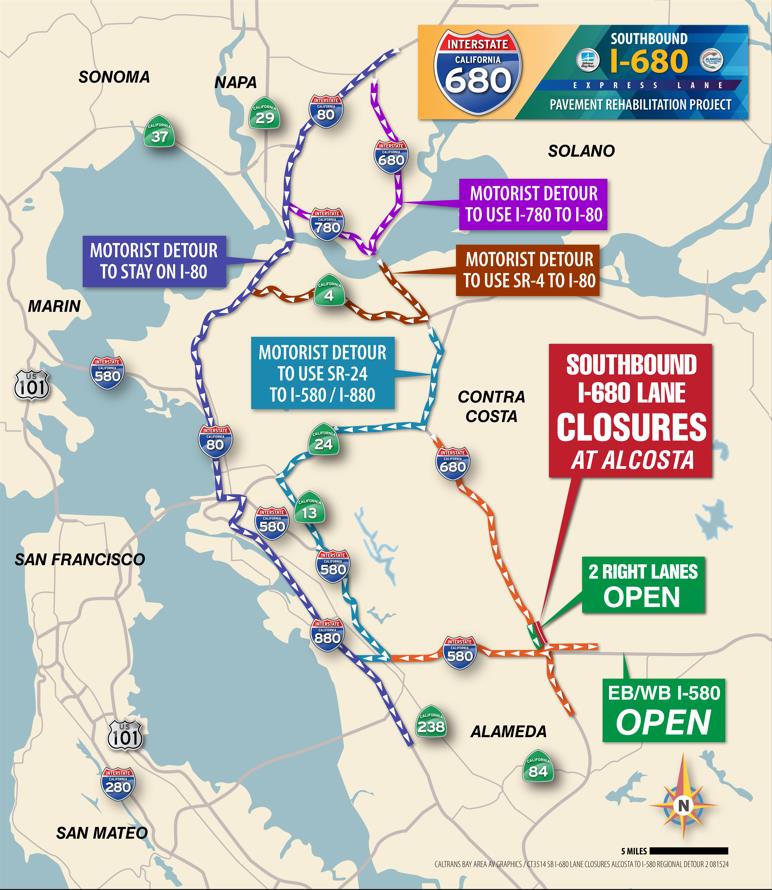 Map location and detours for partial lane closures of Southbound Interstate 680 between Alcosta Boulevard in San Ramon and I-580/I-680 Connector in Pleasanton.