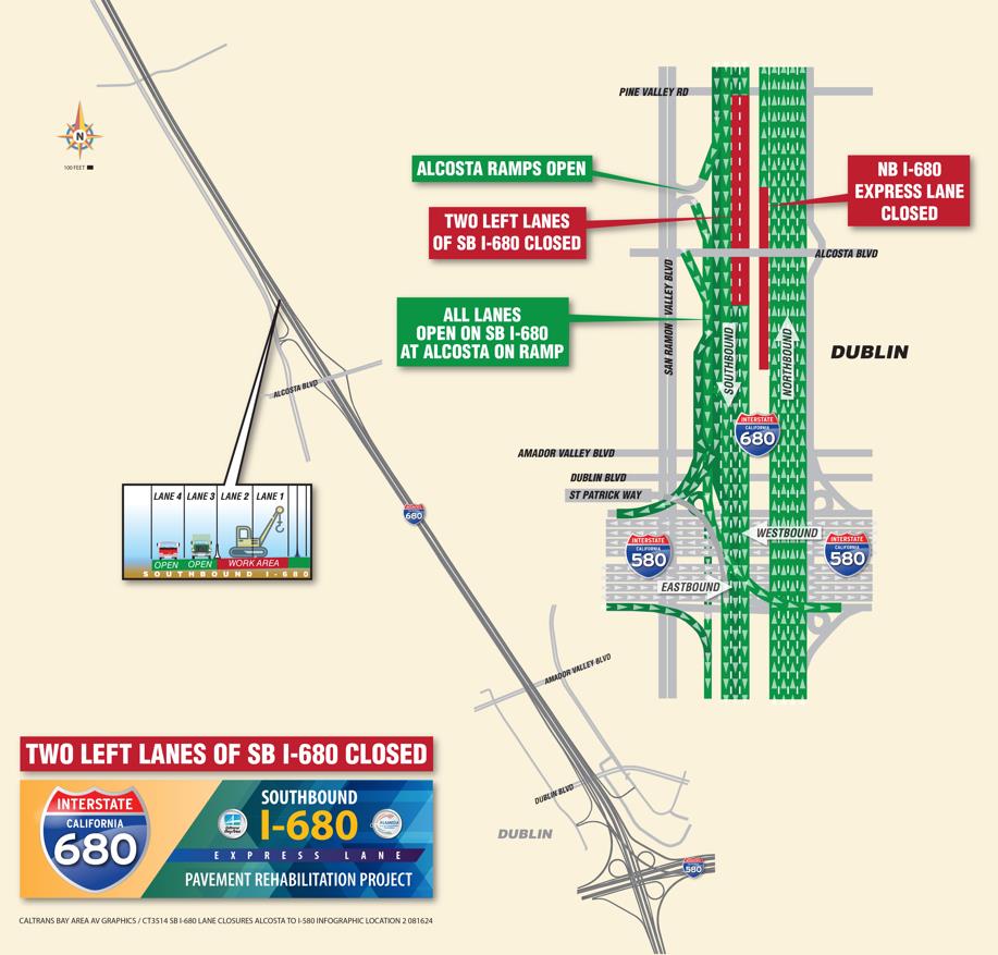 Map location of on and off-ramps of partial lane closures of Southbound Interstate 680 between Alcosta Boulevard in San Ramon and I-580/I-680 Connector in Pleasanton.