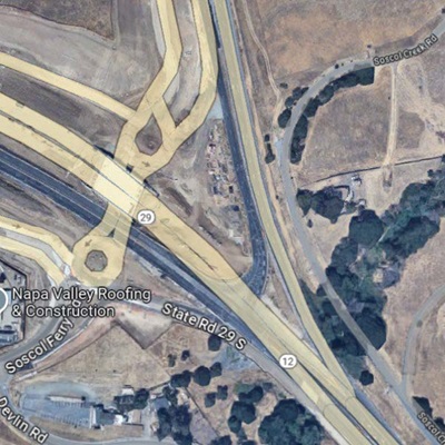 Map location of lane closures in both directions of State Route 29 for paving operations in Napa County.