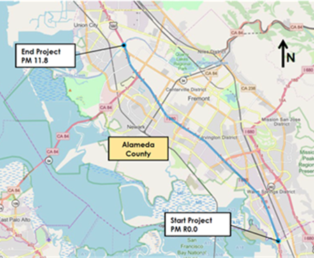 Map of the Interstate 880 (I-880) Capital Preventive Maintenance Paving Project in Fremont, Alameda County.