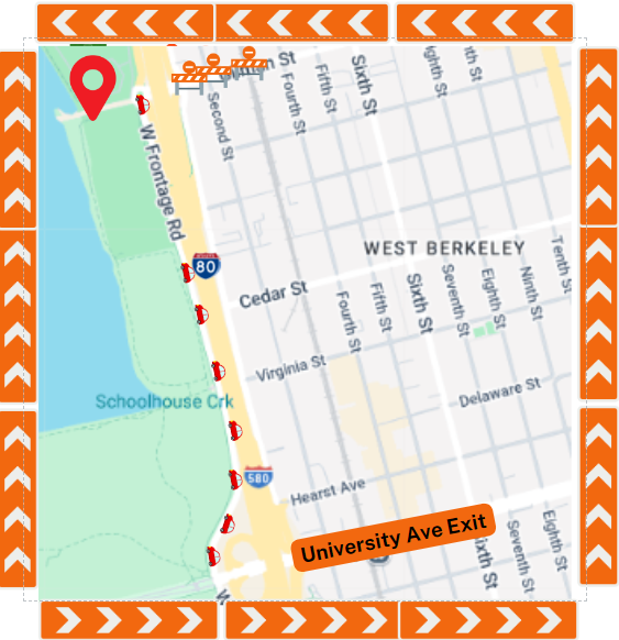 Map for the detour to Tom Bates Regional Sports Complex “Gilman: Field”: Exit on I-80 University Ave exit and use W Frontage Rd to access the Tom Bates Regional Sports Complex.