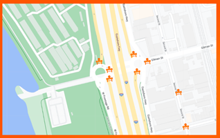 Map showing the closed segments around the Gilman Street Interchange Project in Berkeley, CA. Gilman Street: Between 4th Street to West Frontage Road, in both directions. 2nd Street: Between Page Street and Camelia Street, in both directions. Eastbound I-80 Onramp and Offramp at Gilman Street exit Westbound I-80 Onramp and Offramp at Gilman Street exit.