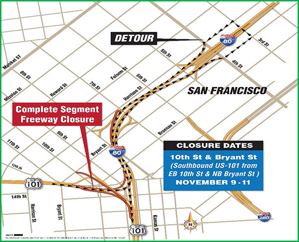 Detour Map for where Caltrans is continuing emergency barrier rail repairs on U.S. 101 and Interstate 80 in San Francisco.