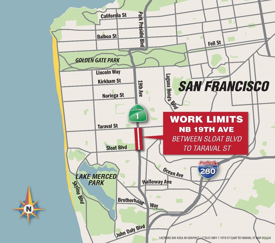 Map of lane closure on Northbound 19th Ave between Sloat Blvd and Taraval St 