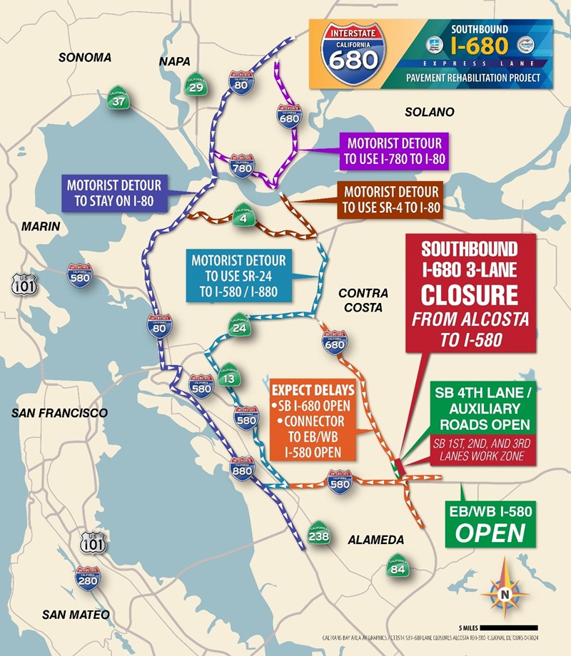 Map of detours for partial closure Southbound I-680 between Alcosta Bvld and I-580/I-680 connector