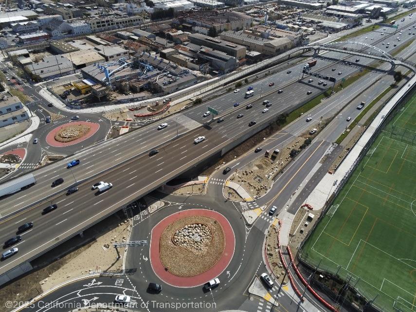Overhead photo of the finished Interstate 80 Gilman Interchange improvement project.