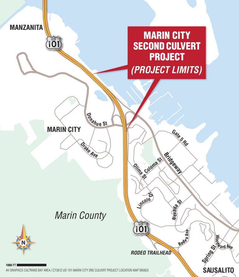 Map of location of the Second Culvert Project on US-101 in Marin County.