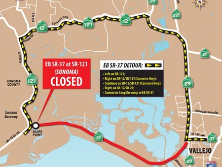 Detour map for closure of SR-37 at Sears Point. Motorists should take a left on to SR-121. Turn right to get on SR-12/SR-121 (Carneros Hwy). Continue on SR-12/SR-121 (Carneros Hwy). Take a right onto SR-12/SR-29. Continue until you reach the connector loop on-ramp to EB SR-37.