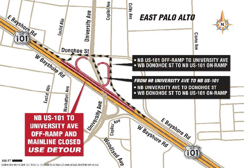 Map location and detour of overnight closures northbound US 101at University Ave. in East Palo Alto.