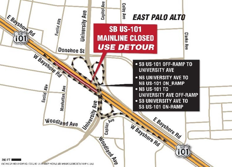 Map location and detour of overnight closures southbound US 101at University Ave. in East Palo Alto.