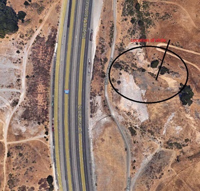 Map location where mudslide closes Solano bikeway above Eastbound I-80 outside Vallejo.