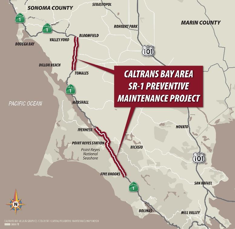 Map location of nightly one-way traffic control for State Route 1 (SR-1) Capital Preventive Maintenance Project in Marin County.