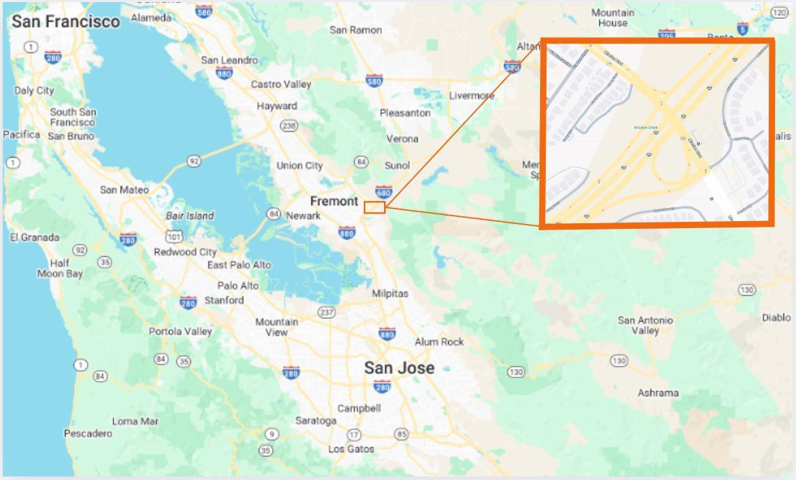 Map of where Caltrans will begin work on the I-680 Mission San Jose (680/238) Separation Bridge Deck Rehabilitation Project on northbound and southbound I-680 at Mission San Jose (680/238) Separation in Fremont.