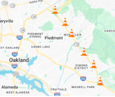 Map location of weekday shoulder closures for vegetation maintenance on Northbound SR-13 in Oakland Hills Between I-580 and SR-24.