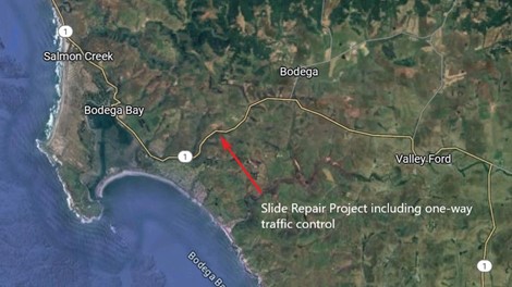 Map showing the location of where one-way traffic control is in place on State Route 1 in Sonoma County about three miles east of Bodega Bay.