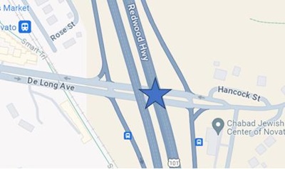 Map showing the De Long Avenue on- and off-ramps on US 101 in Marin County.