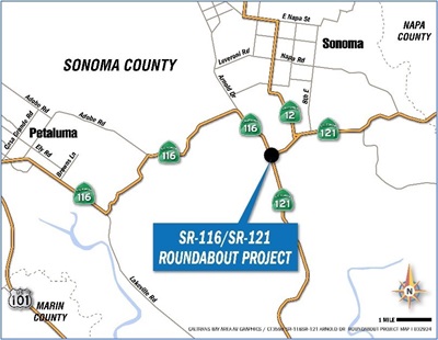 Map showing the intersection of State Route 116 and State Route 121 in Sonoma County where Caltrans is constructing a roundabout.