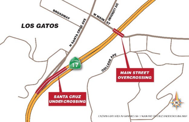 Map location of where overnight lane closures on State Route 17, at the Main Street overcrossing and Santa Cruz undercrossing bridge, in Los Gatos, Santa Clara County.