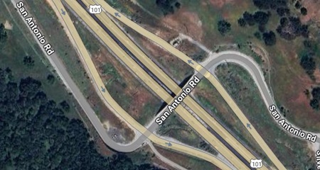 Map of where night work for ramp and lane closures on Northbound US-101 at San Antonio Road is scheduled to be closed for the Marin-Sonoma Narrows B-7 Project in Marin County.