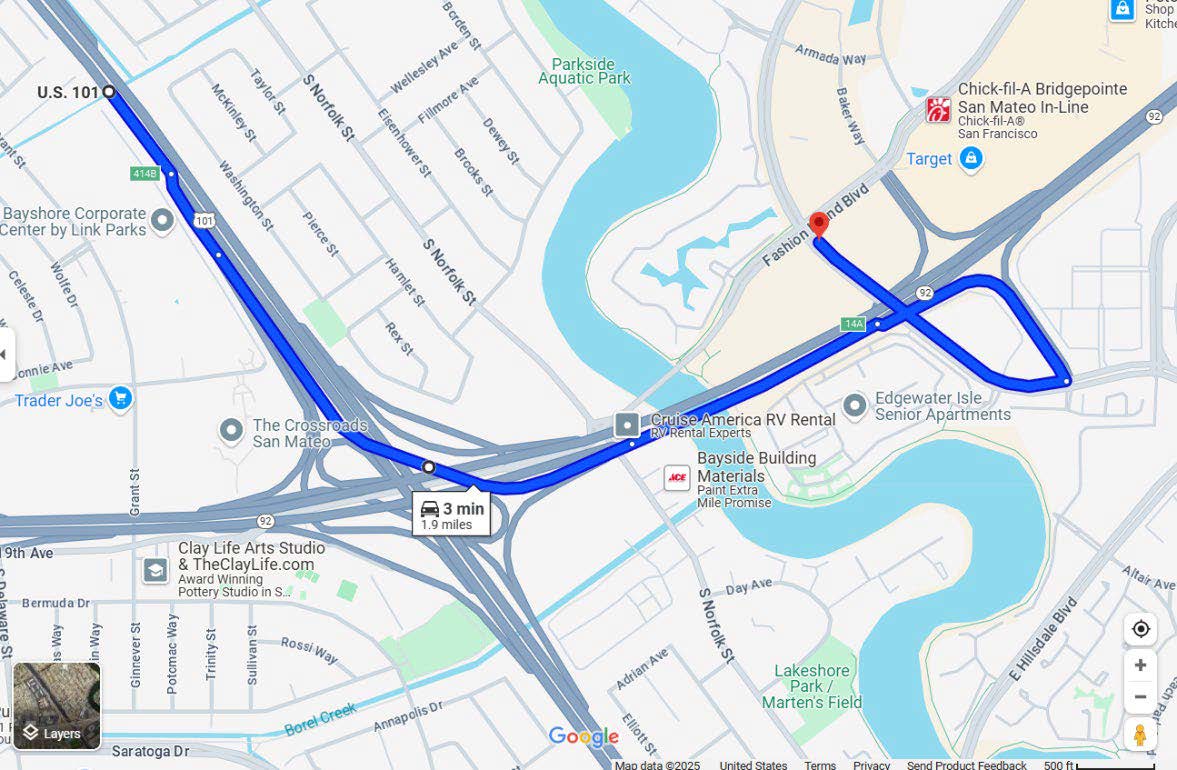 Detour 2 map Southbound 101 to Fashion Island Blvd. Motorists are advised to take the off-ramp to Eastbound SR-92 and turn right onto Edgewater Blvd. Then they will turn left onto Northbound Mariners Island Blvd to Fashion Island Blvd, for ramp closures on Southbound U.S. 101 at the SR-92 Interchange in Foster City,