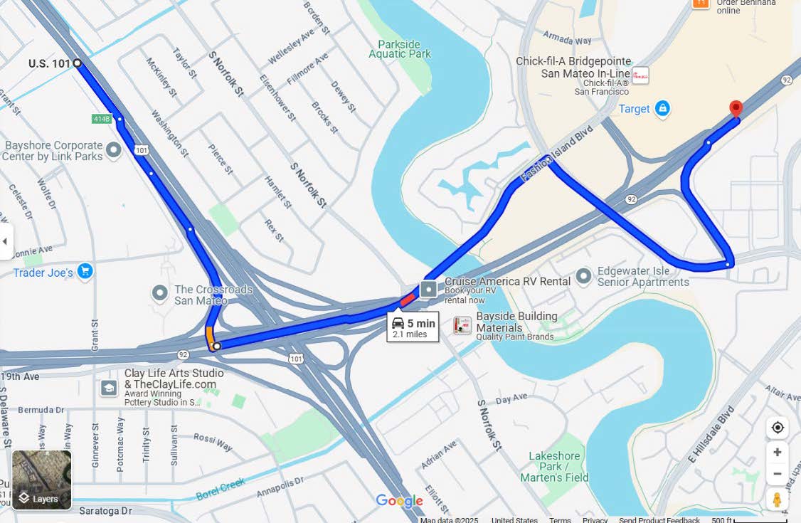 Detour 1map Southbound 101 to Eastbound 92, motorists should take the off-ramp to Eastbound Fashion Island Blvd, then take a right turn onto Mariners Island Blvd, and then take the Eastbound on-ramp to State Route 92, for ramp closures on Southbound U.S. 101 at the SR-92 Interchange in Foster City,