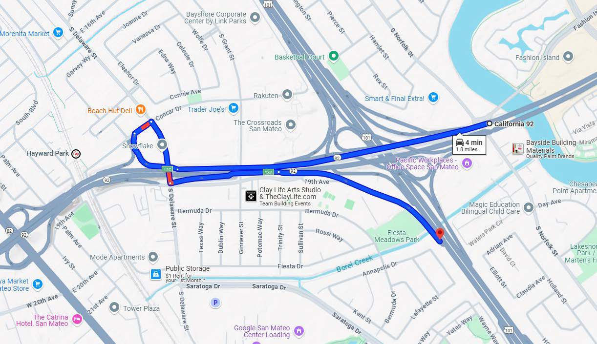 Detour map for ramp closure on the Westbound SR-92 off-ramp to Southbound U.S. 101 in San Mateo. Motorists should take the off-ramp to Delaware St (Exit 12C), then take a right turn onto Concar Dr, then turn right at S Delaware St to merge onto CA-92 east. From there, they can access southbound U.S. 101.
