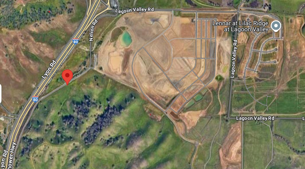 Aerial image showing location where CAL FIRE will be performing a controlled burn on the east side of the I-80 freeway. The controlled burn location is on Nelson Road just south of the Lagoon Valley Road exit.